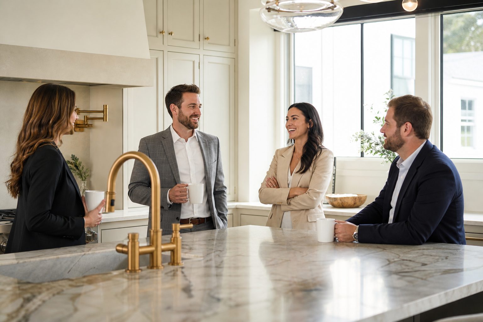 Agents talking over coffee at a marble kitchen counter during a midday broker open in a staged home