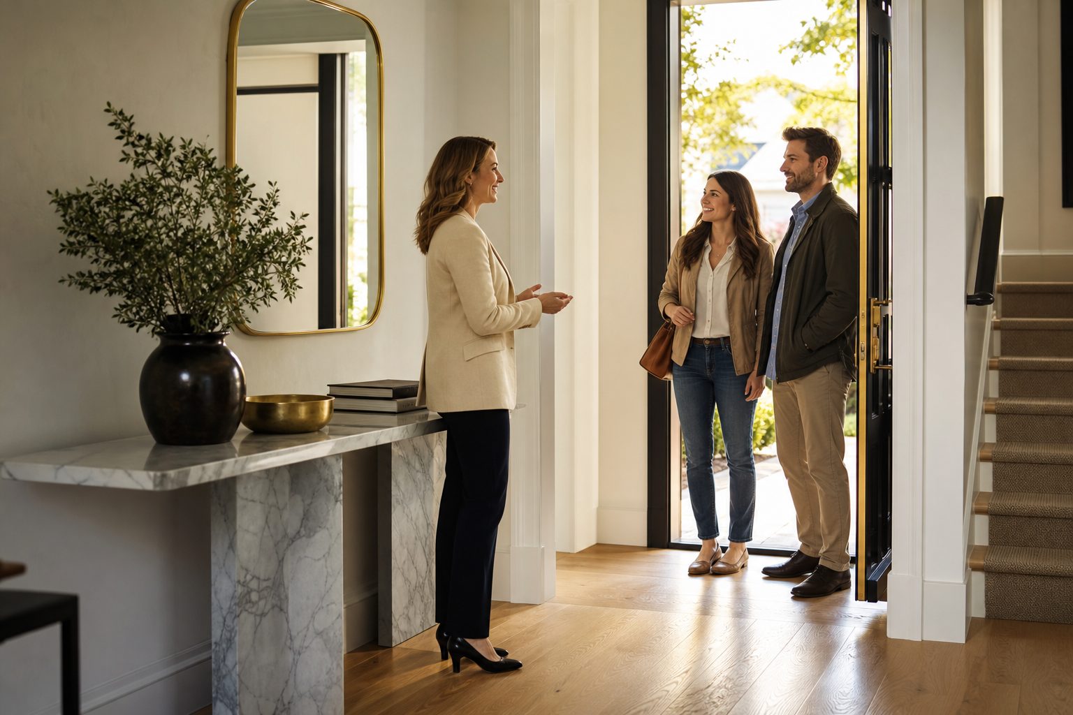 Real estate agent greeting two visitors at the open front door of a bright cream foyer with a marble console table