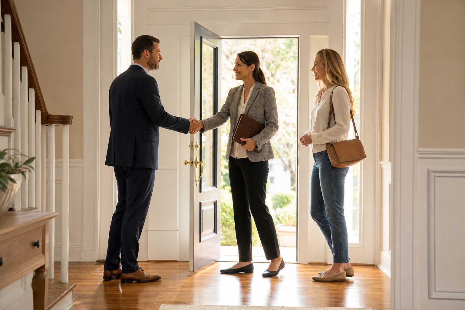 Two agents shaking hands in a sunlit entryway while a buyer waits near the door of a suburban home