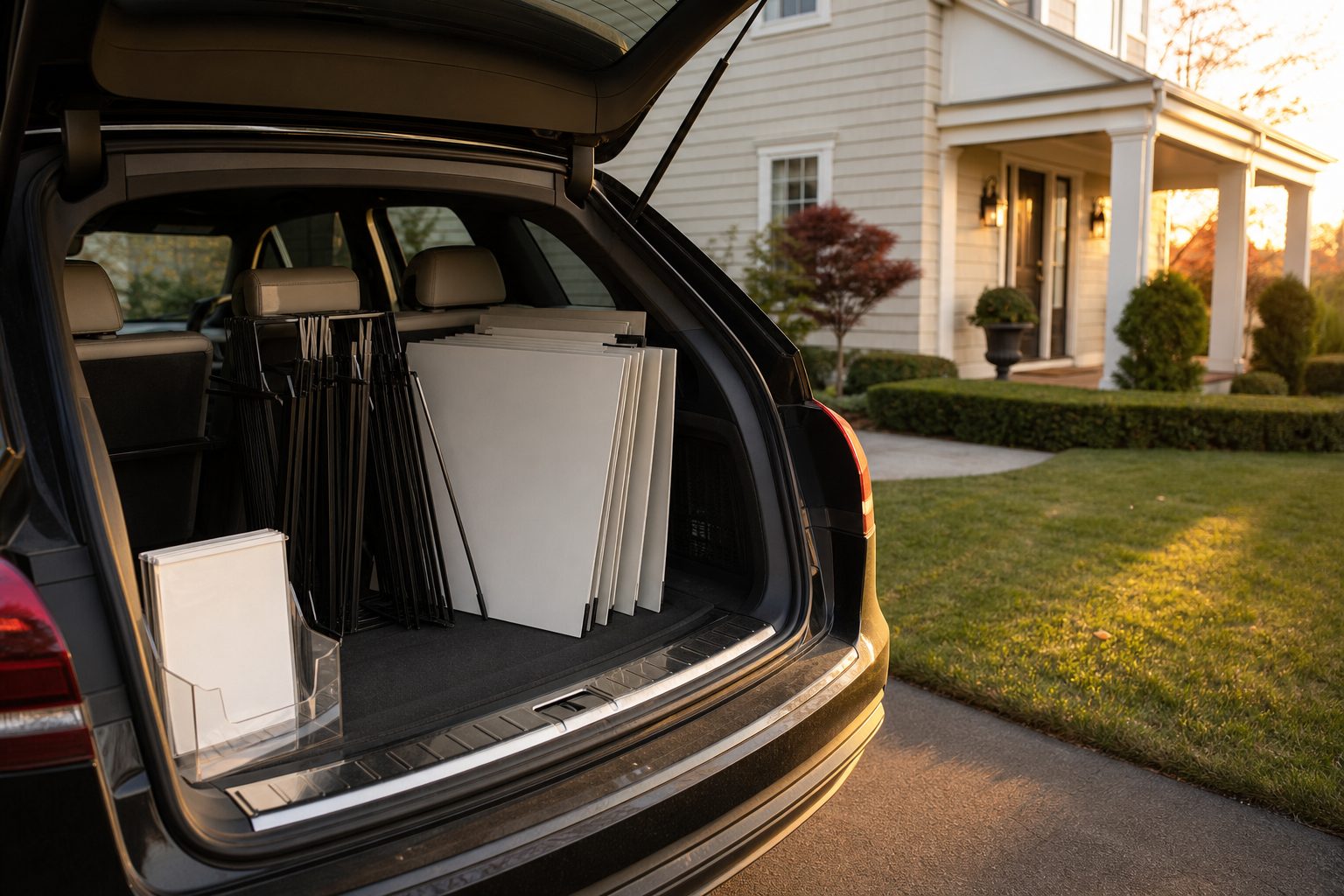 Open trunk in a driveway holding folded open house signs, frames and a flyer box in golden late day light