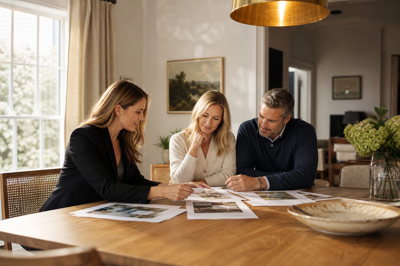 Listing agent and seller couple reviewing printed pages at a dining table in warm window light