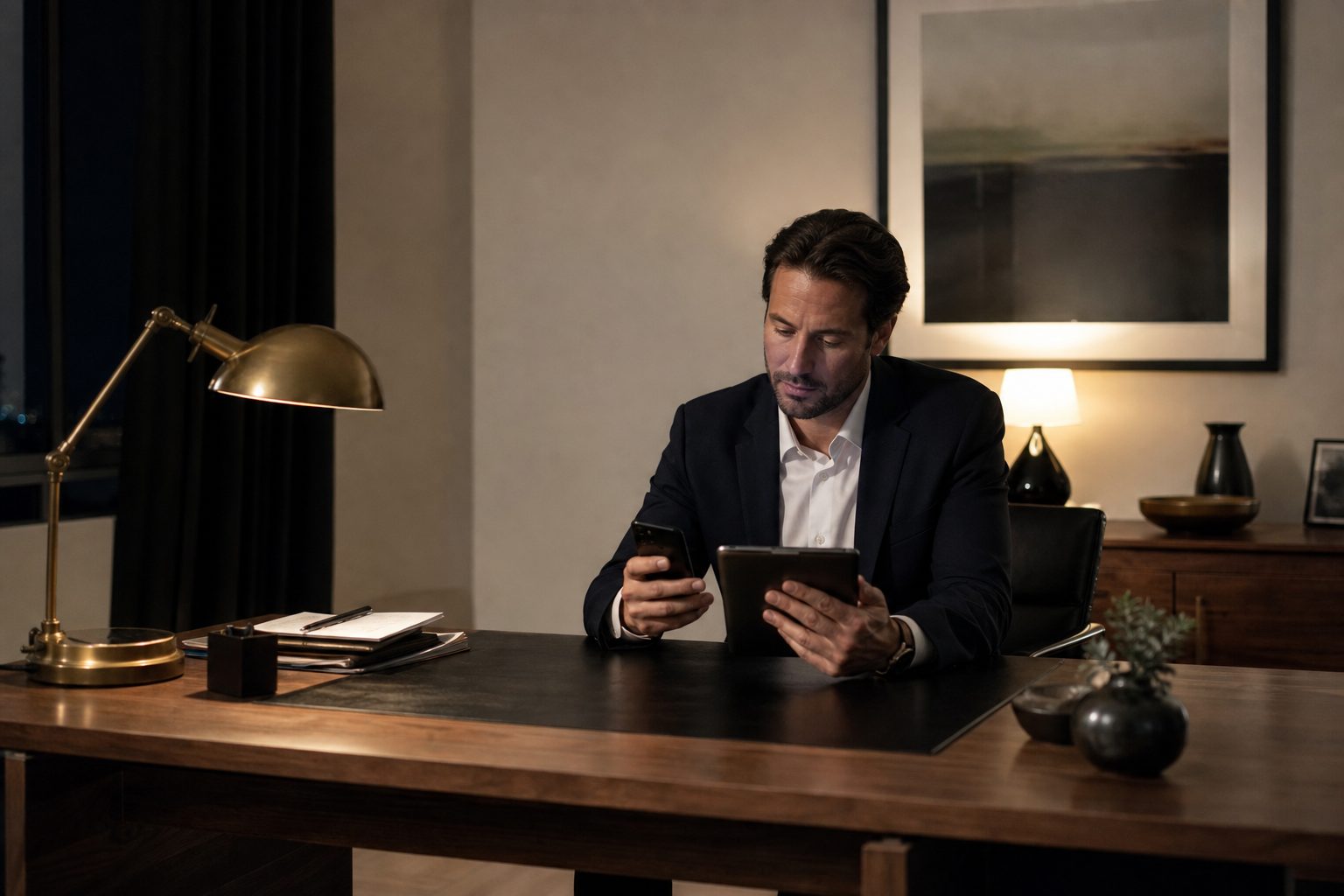 Agent reviewing a phone and tablet at a home office desk under warm lamp light after an open house