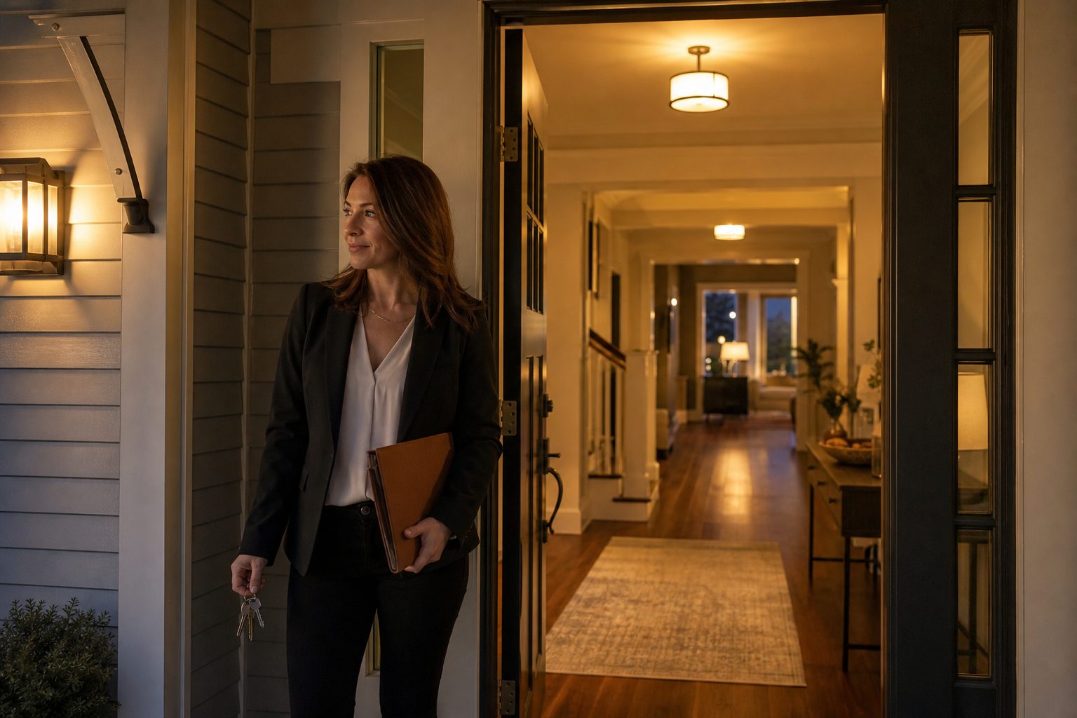 Agent standing alone by the front door of a staged home at dusk with a clear view down the lit hallway