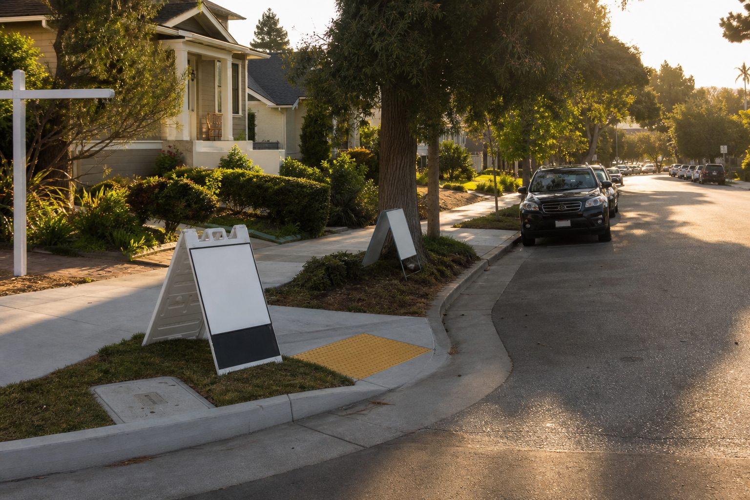 Suburban corner on a Saturday afternoon with open house directional signs and cars parked along the curb