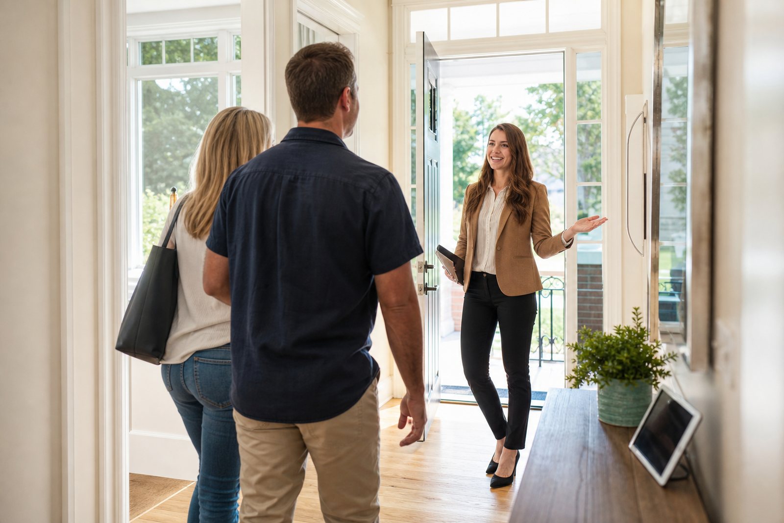 Real estate agent welcoming two visitors in the sunlit entryway of an open house, with a sign in tablet resting on the console table by the door