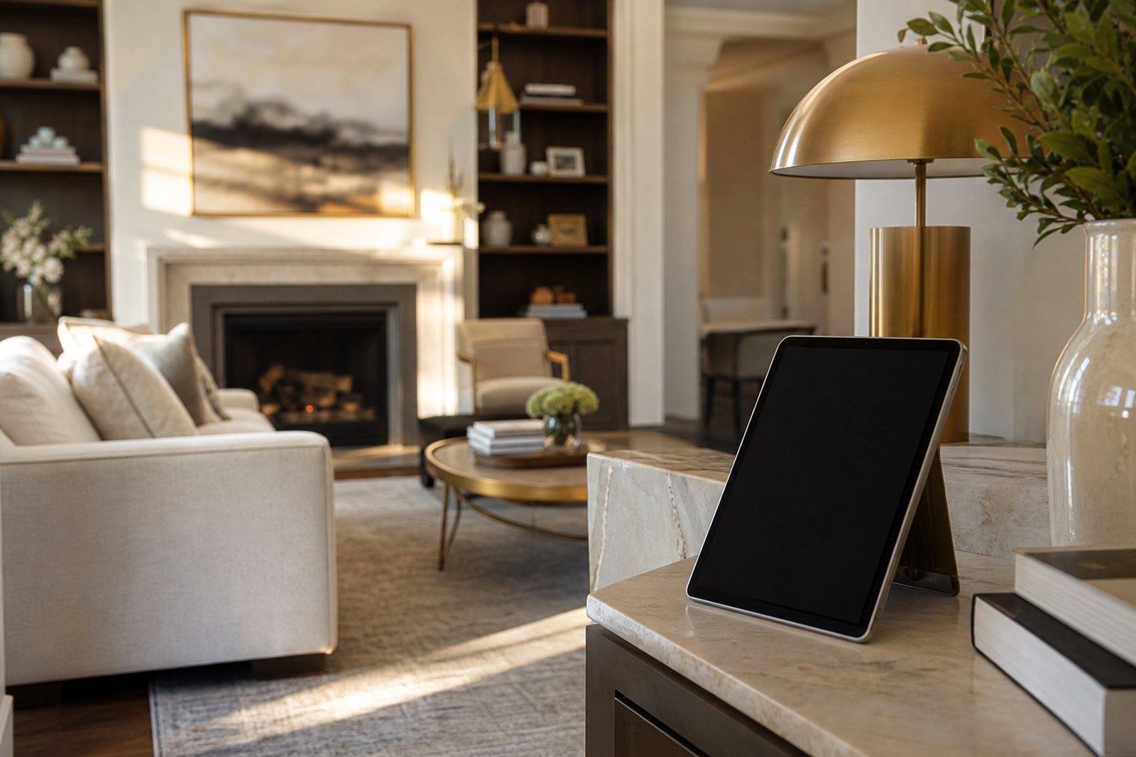 Staged living room in warm cream and brass tones with an open house sign in tablet standing on a marble console table in late afternoon light